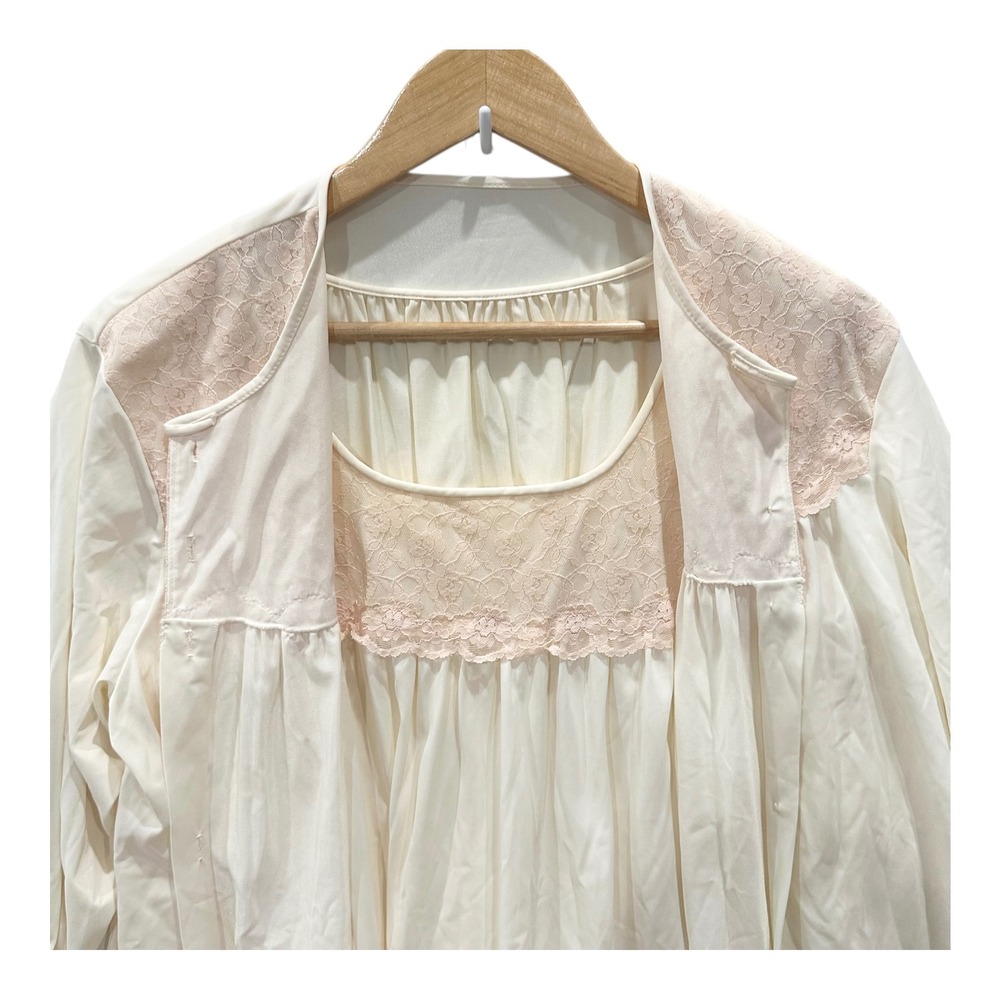 Vintage 2 Pc Nylon Peignoir Set Large Robe Nightgown Cream Lace Nylon USA